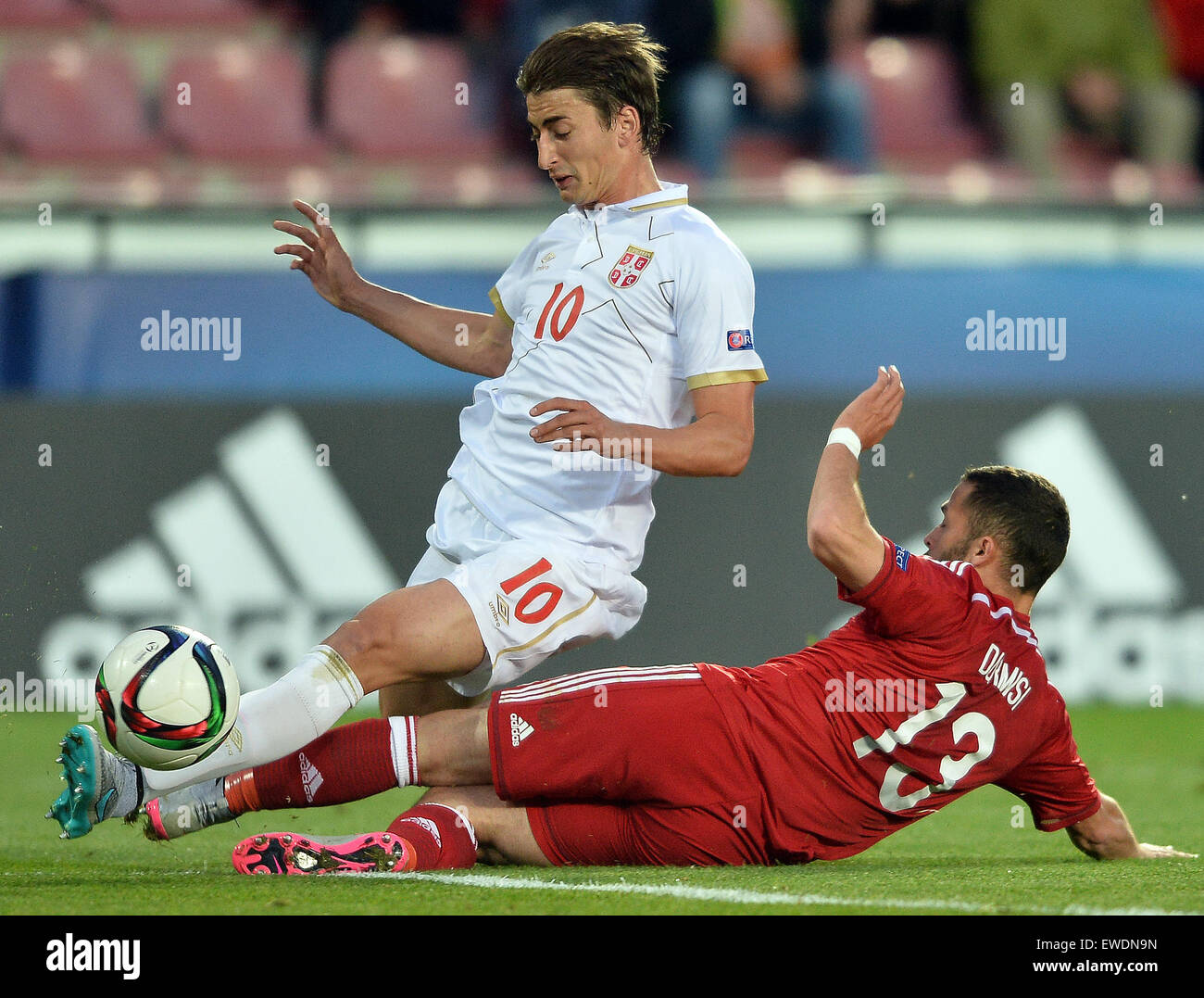 Prague, Czech Republic. 23rd June, 2015. Riza Durmisi of Denmark, right, and Filip Djuricic of Serbia fight for a ball during the Euro U21 soccer championship group A match Denmark vs Serbia in Prague, Czech Republic, on Tuesday, June 23, 2015. © Katerina Sulova/CTK Photo/Alamy Live News Stock Photo