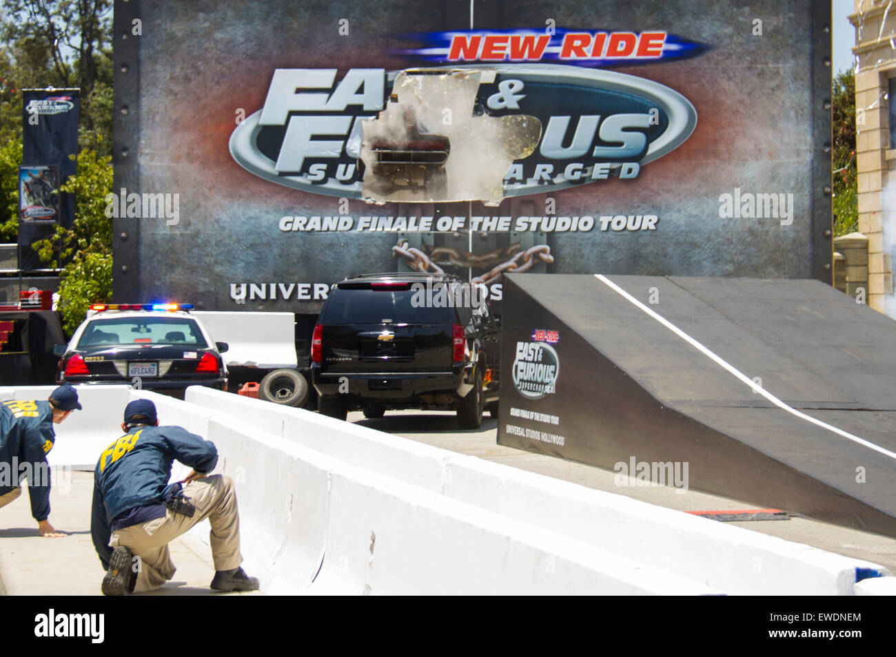 Los Angeles, USA. 23rd June, 2015. A stunt car flies at the premiere of ...