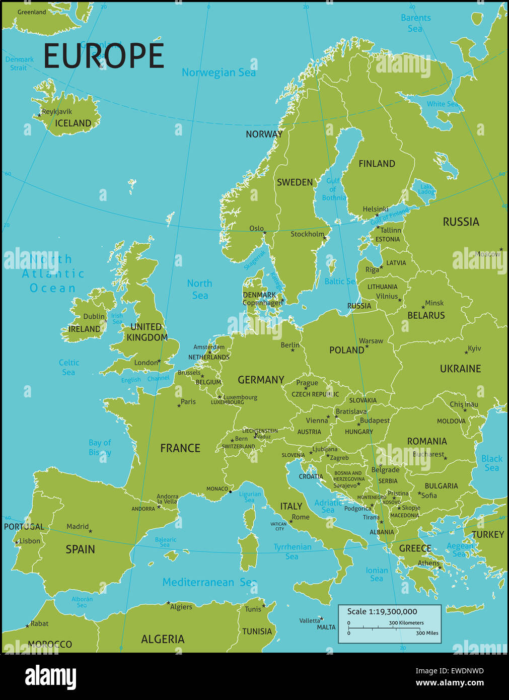 A map of Europe with all country names, and country capital cities. Organised in vector version in easy to use layers. Colors an Stock Photo