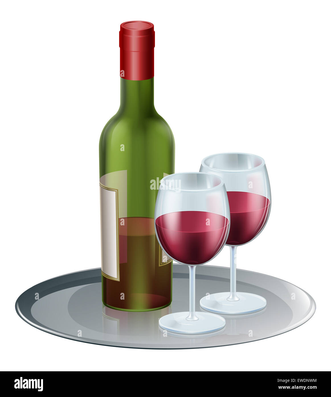 Red wine bottle and wine glasses on a silver tray or platter Stock Photo
