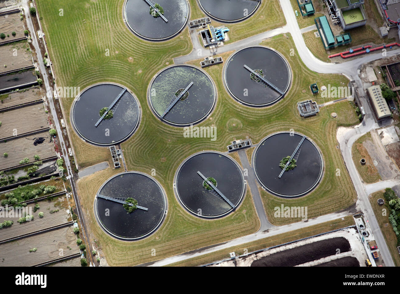 aerial view of a water treatment works, or sewage works, Yorkshire, UK Stock Photo