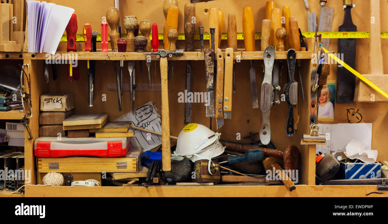 Tools on Workbench Stock Photo - Alamy