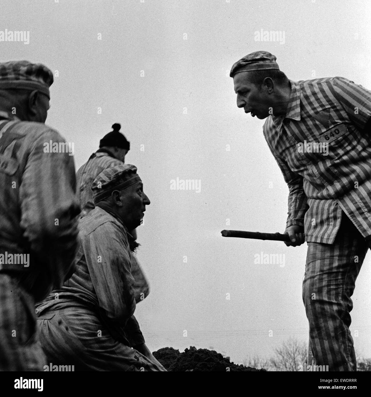 Ein Tag - Bericht aus einem deutschen Konzentrationslager 1939, Dokumentarfilm, Deutschland 1965, Regie: Egon Monk, Szenenfoto: Kapo drangsaliert Zwangsarbeiter Stock Photo