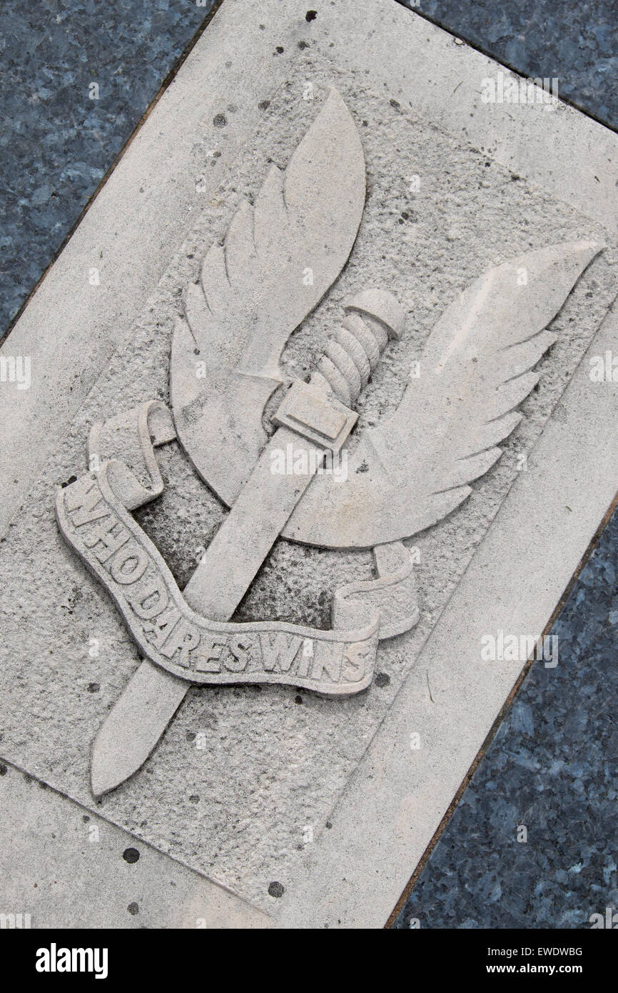 Special Air Service Regiment SAS badge winged dagger with logo Who Dares Wins in St Martin's cemetery Hereford UK Stock Photo