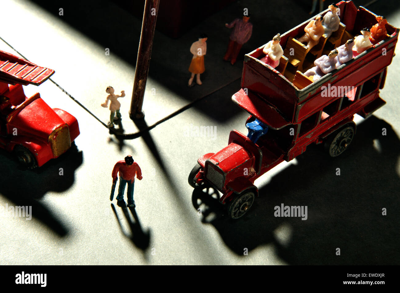 Recreated miniature old London street scene with double-decker bus Stock Photo