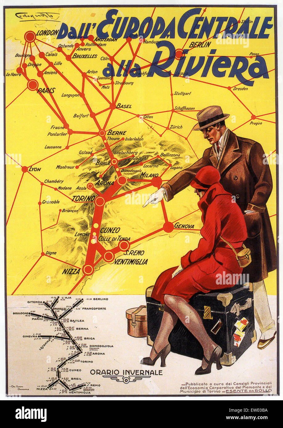 ITALIAN RAIL ROUTE POSTER about 1930 Stock Photo