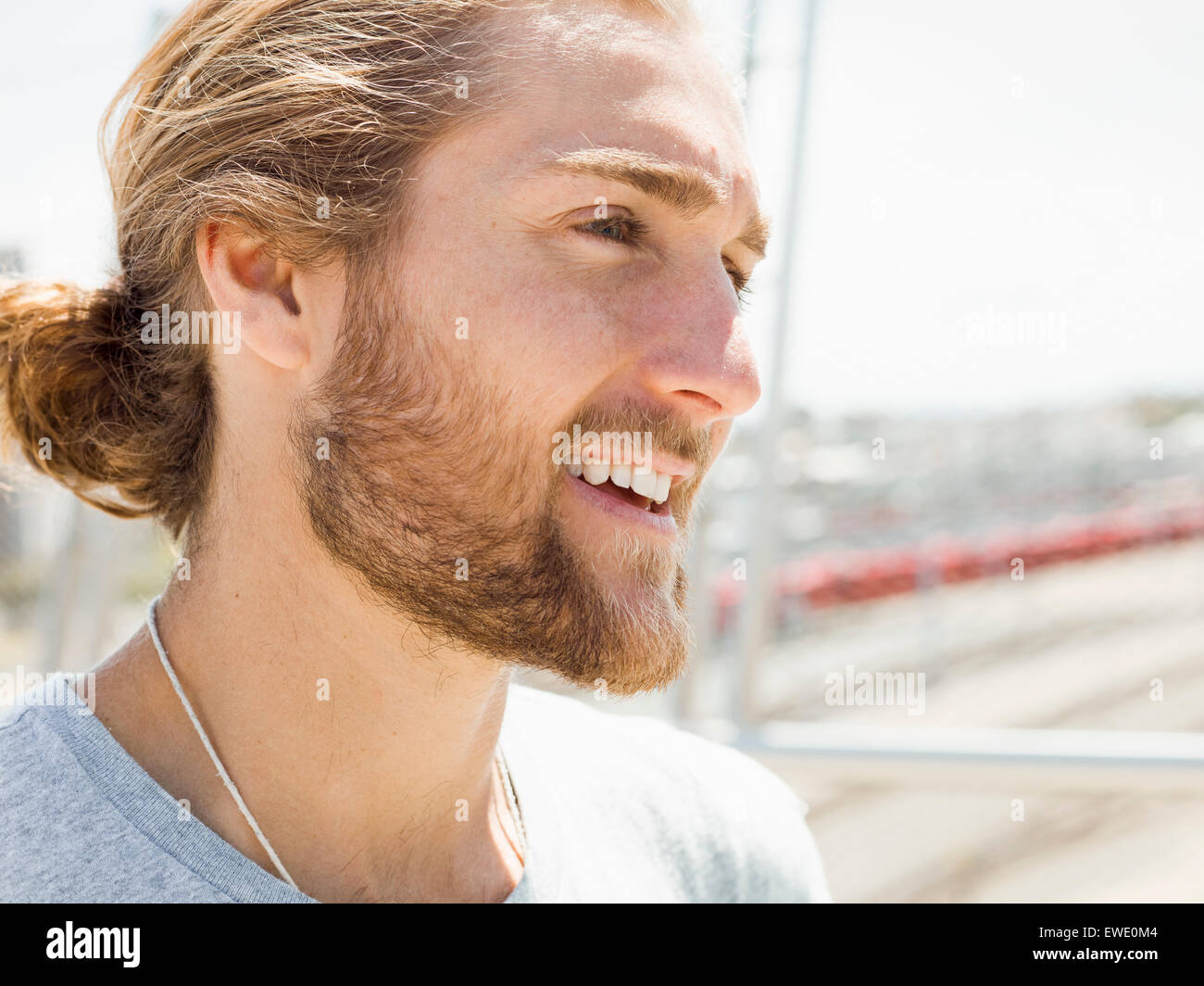 A young man with beard, red hair and ponytail Stock Photo