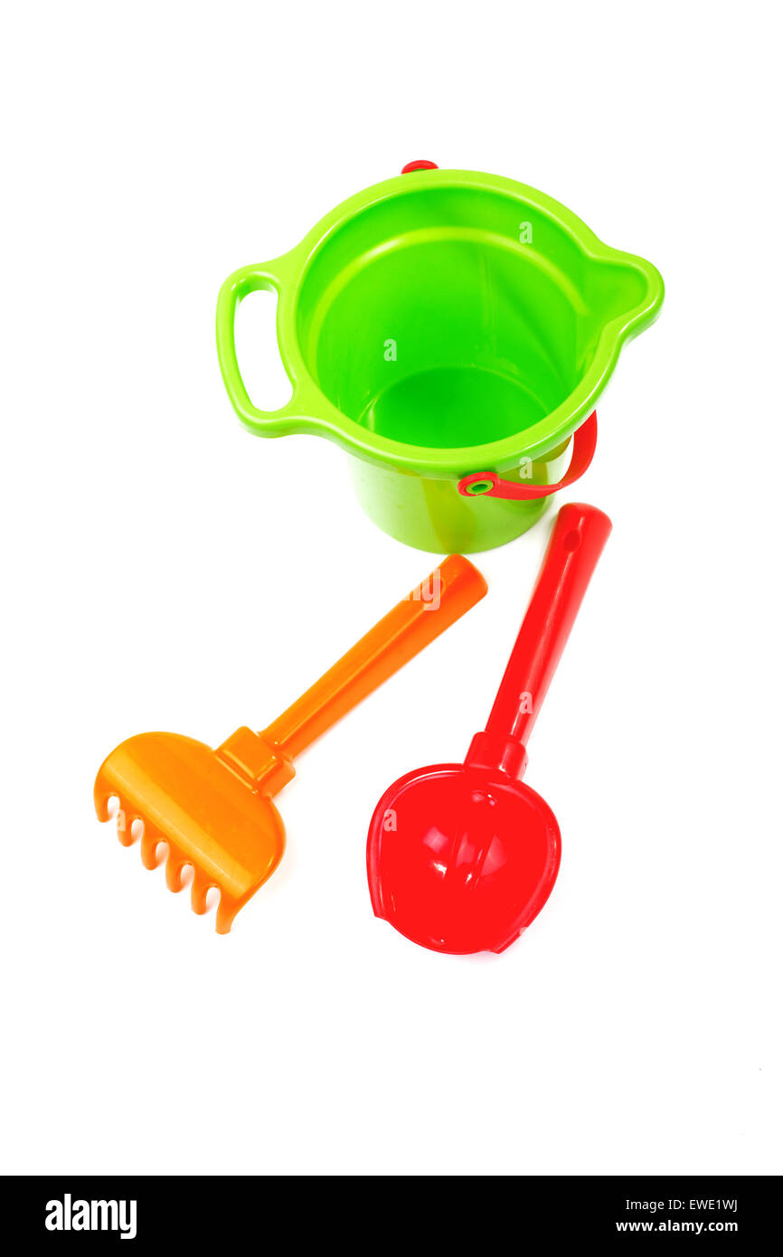 Children's toys bucket shovel and rake on the white Stock Photo Alamy