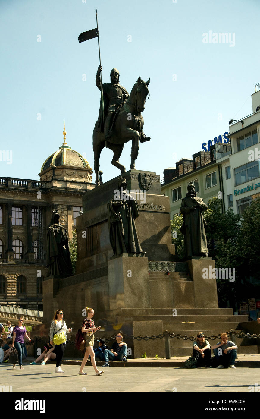 Equestrian statue in Prague of Wenceslas, patron saint of the Czech Republic, sculpted by Josef Vaclav Mysibek (1848-1922) Stock Photo