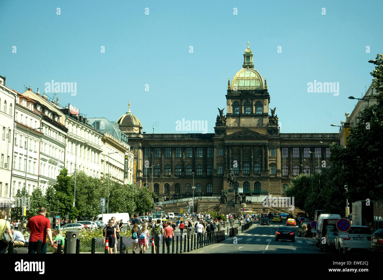 Wenceslas Square, much-visited Prague avenue dominated by the imposing national museum and an equesttrian statue of Wenceslas Stock Photo