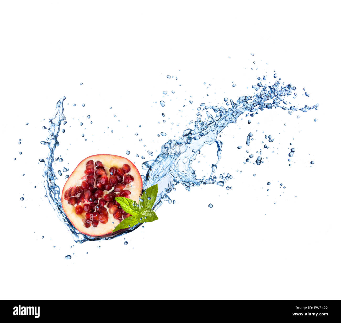 Fresh pomegranate in water splash isolated on white backround Stock Photo