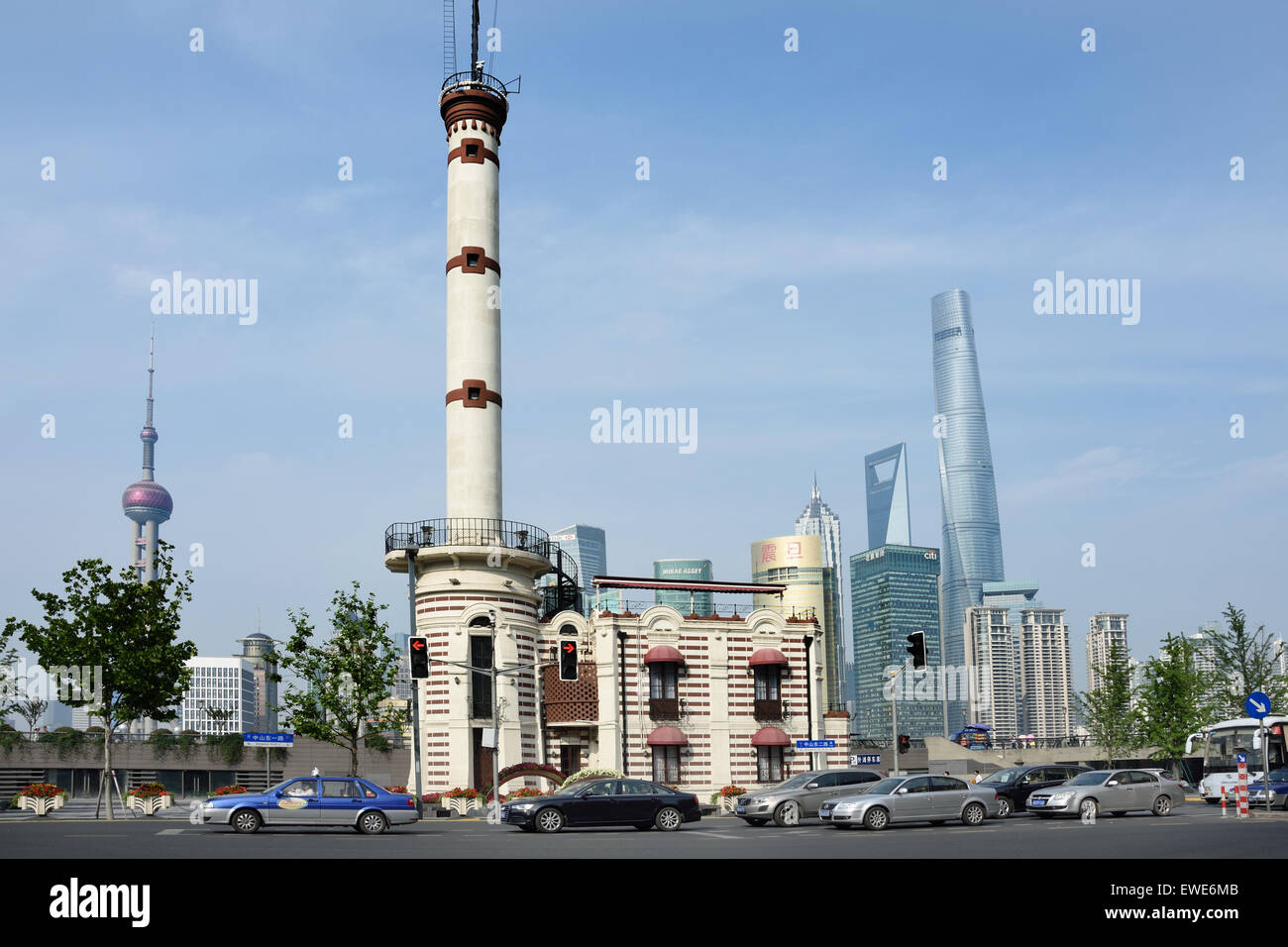 Lighthouse Museum on the Bund Shanghai background Pudong City SkylineOriental Pearl television tower, Jin Mao Tower, Huangpu River China Stock Photo