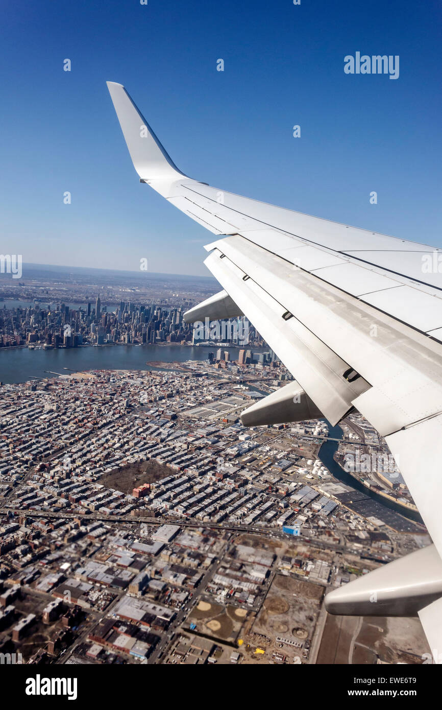 New York City,NY NYC,Manhattan,Brooklyn,aerial overhead view from above,American Airlines,commercial airliner airplane plane aircraft aeroplane,plane, Stock Photo