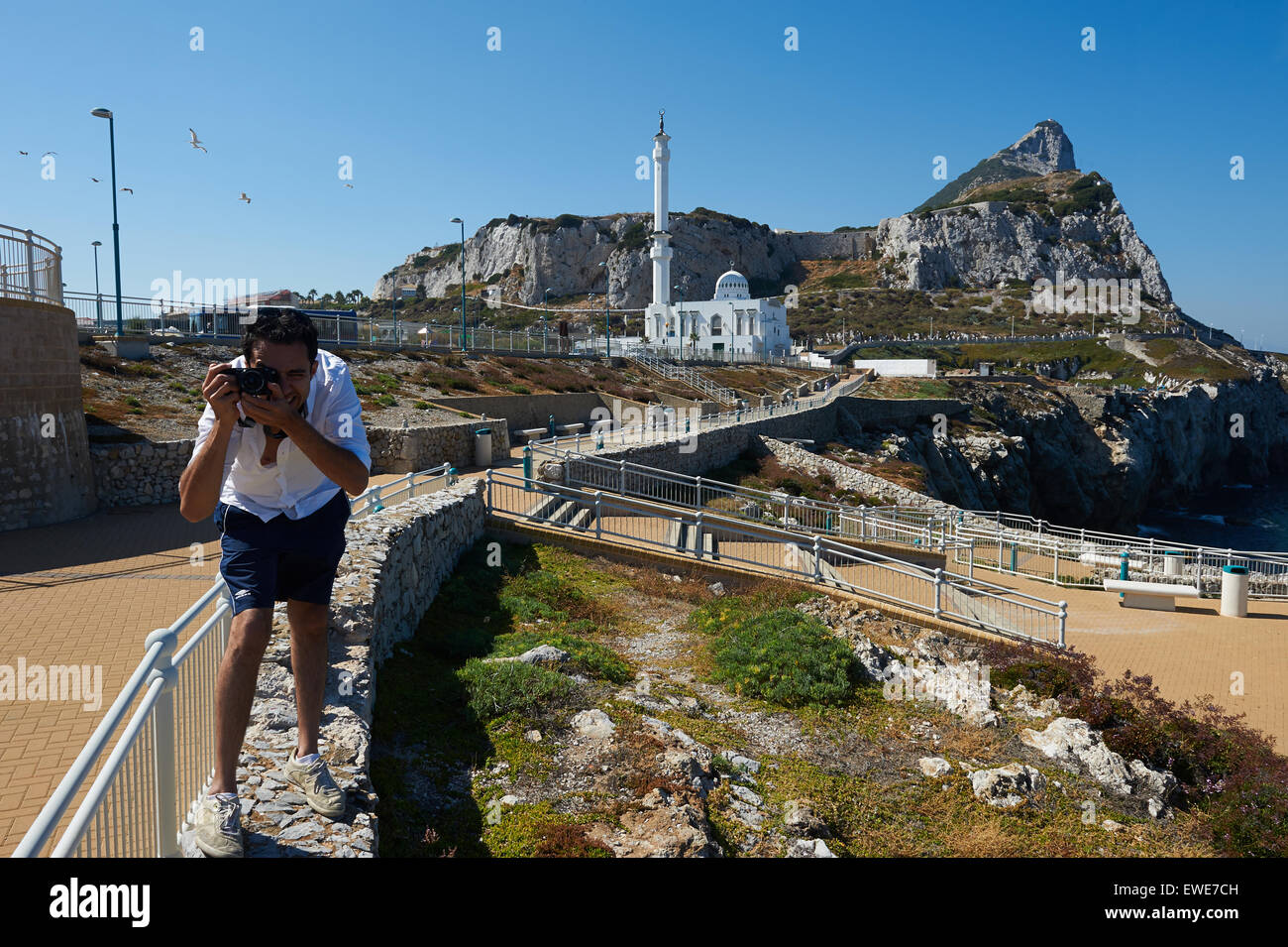 Gibraltar Tourist photographed before Ibrahim-al-Ibrahim Mosque Stock Photo