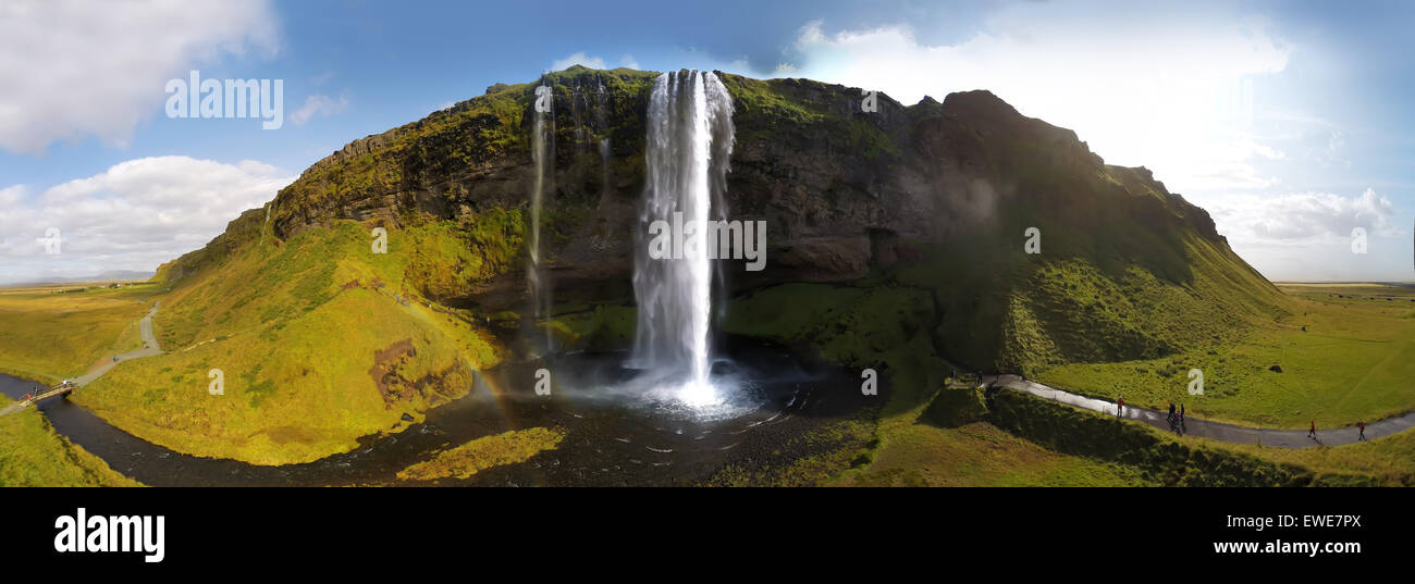 Seljalandsfoss Waterfall in the summer, panoramic view, shot using a drone, Iceland Stock Photo