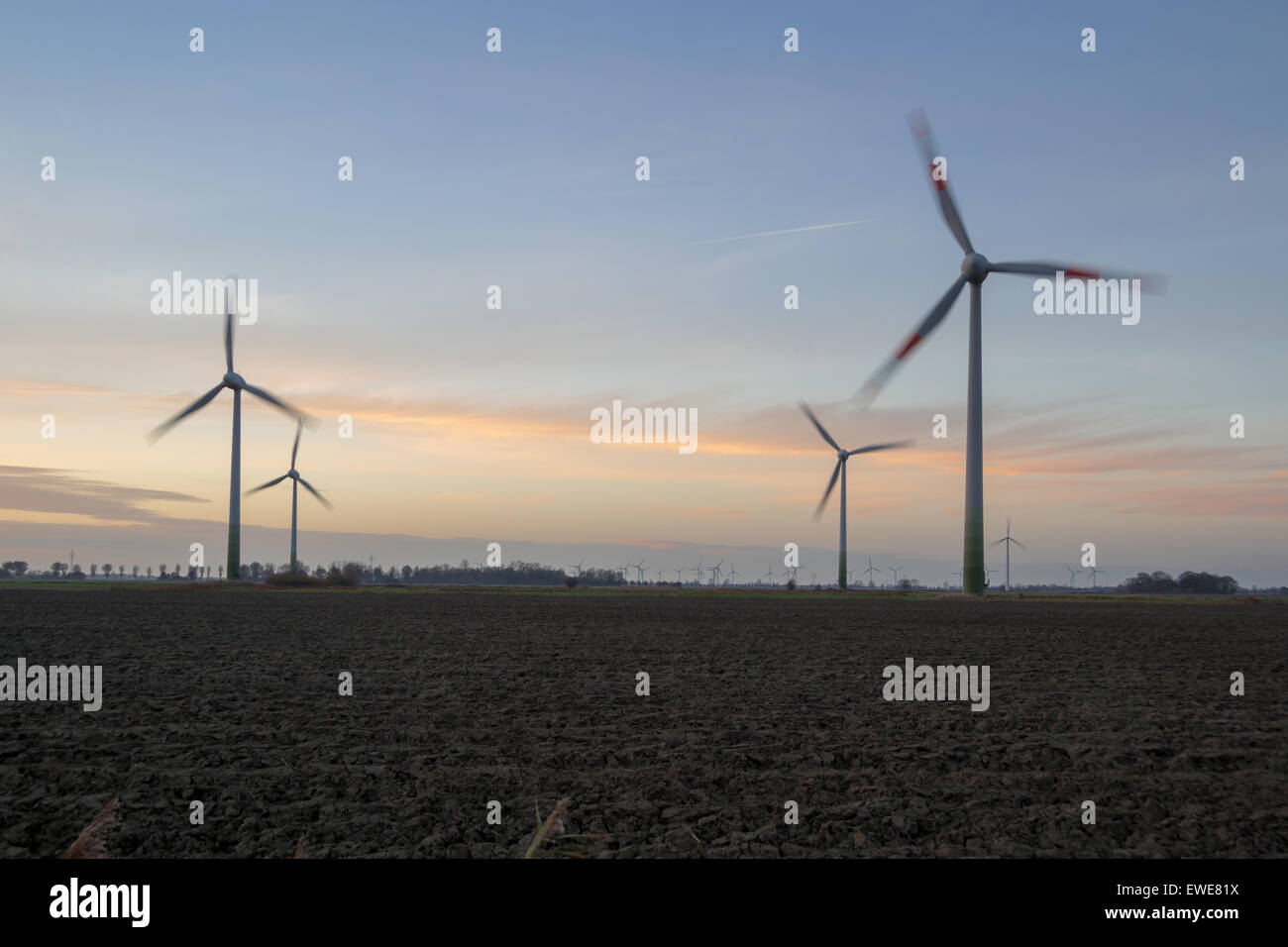 Hinte, Germany, wind turbines in the dusk Stock Photo