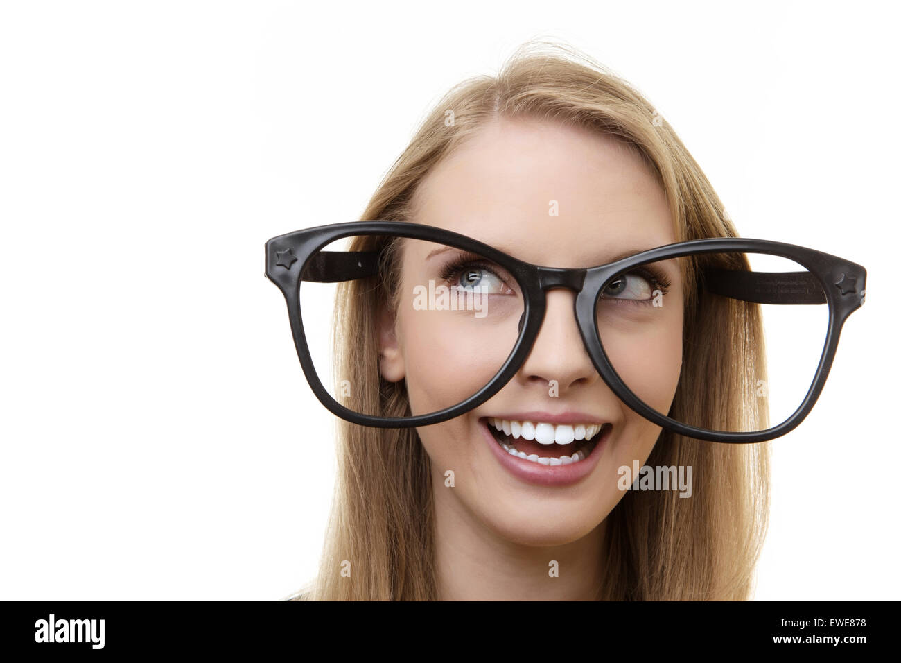 professional looking woman wearing large funny glasses Stock Photo