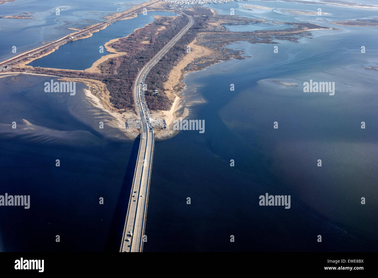 New York City,NY NYC,Queens,Gateway National Recreation Area,Cross Bay Boulevard,Jamaica Bay,aerial overhead view from above,window view,NY150325117 Stock Photo
