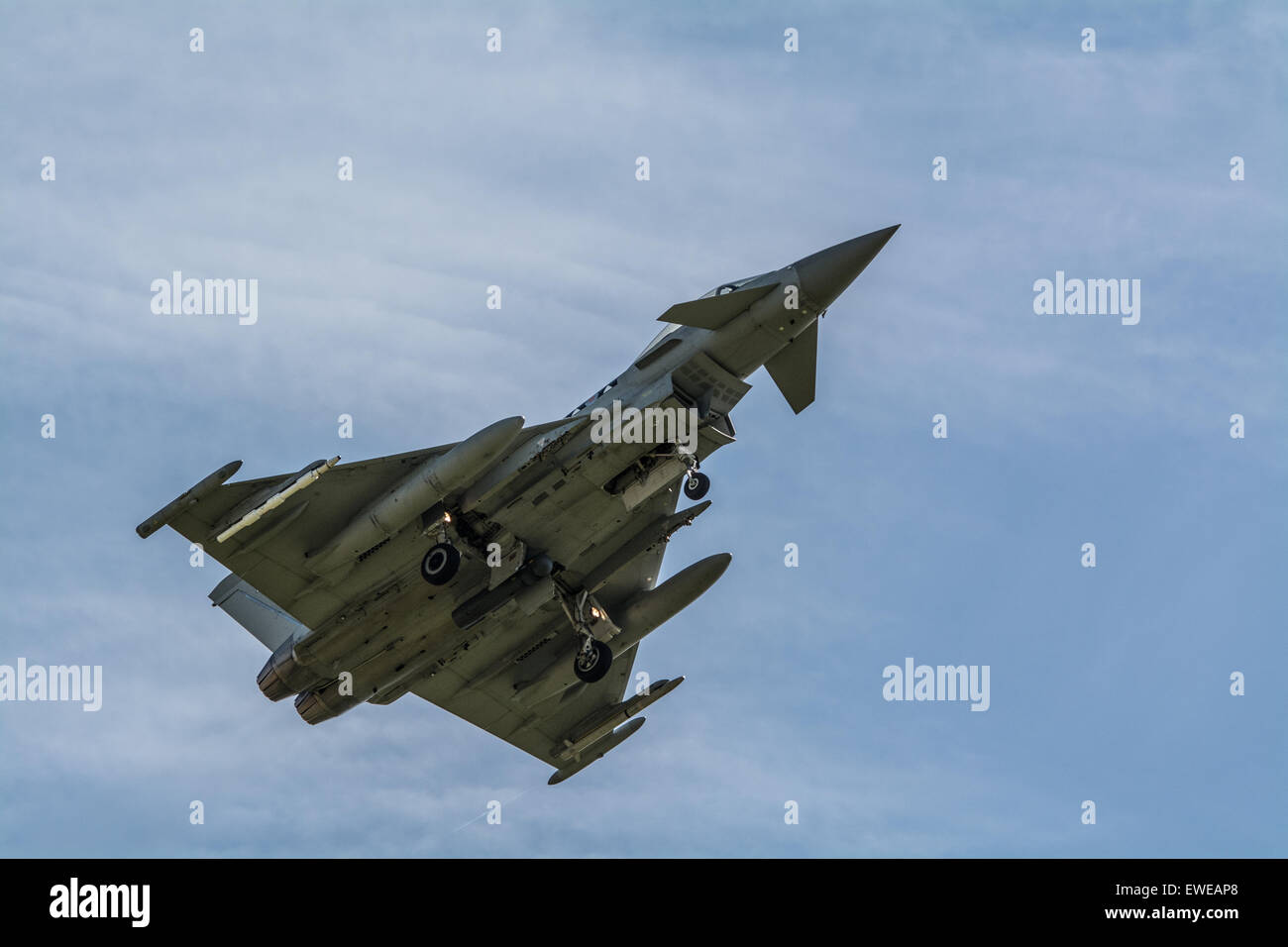 Helston, Cornwall, UK. 24th June 2015. RAF 2 Squadron of Eurofighter Typhoons flying out of RNAS Culdrose on exercise with the French Navy. Treating local bystanders to a 'Top Gun' display over Cornwall. The squadron is due to return to Scotland on Friday of this week. Credit:  Simon Maycock/Alamy Live News Stock Photo