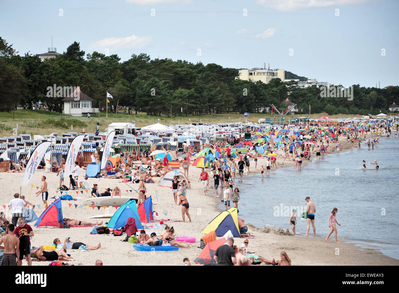 Binz, Germany, tourists on the beach of the seaside resort Binz on
