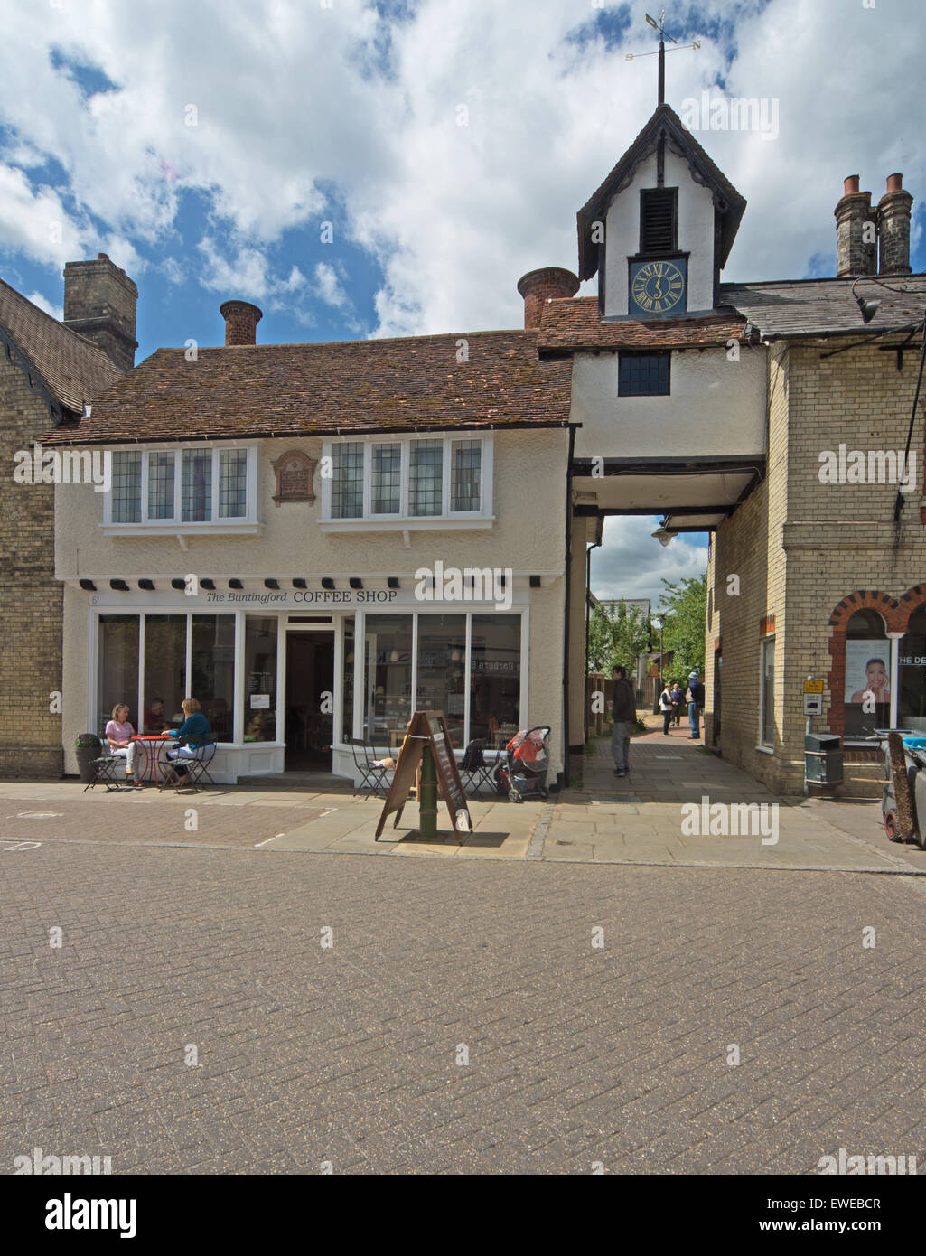 Buntingford Clock Tower by Coffee Shop Hertfordshire Stock Photo Alamy
