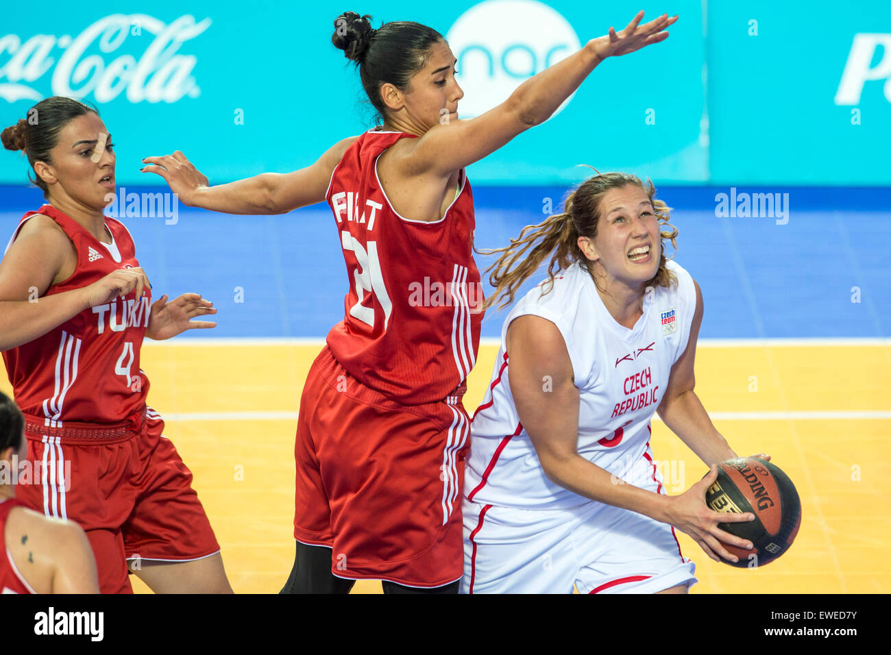 From left: Nihan Demirkol (TUR), Duygu Firat (TUR) and Tereza Vorlova (CZE)  in action during the Women's 3x3 Basketball match, Group B, Turkey vs Czech  Republic at the Baku 2015 1st European