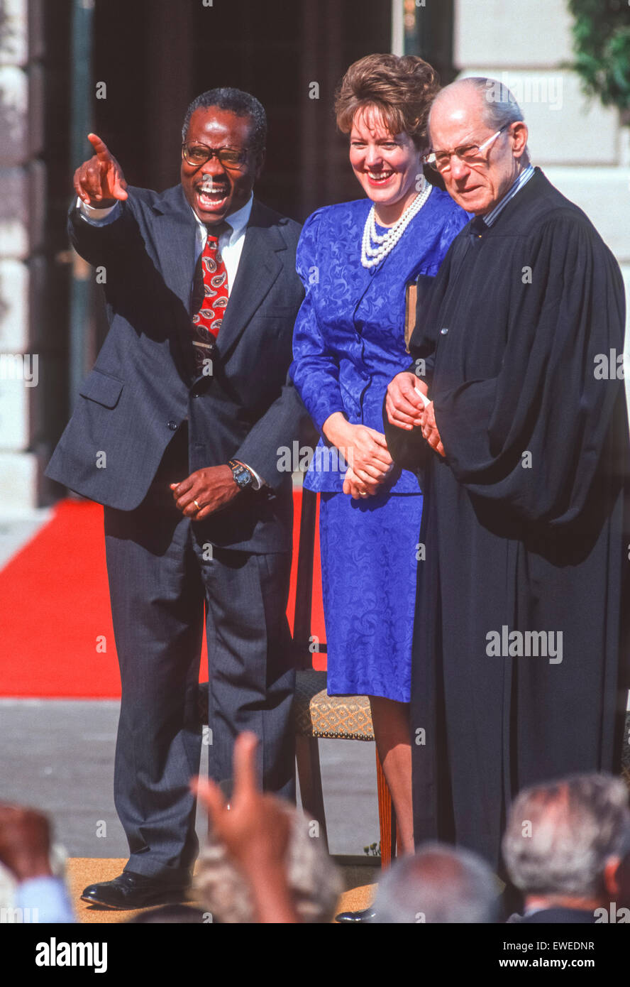 WASHINGTON, DC, USA - Clarence Thomas, Supreme Court nominee, swearing in ceremony at White House. With wife Virginia and Associate Justice Byron White. October 18, 1991 Stock Photo