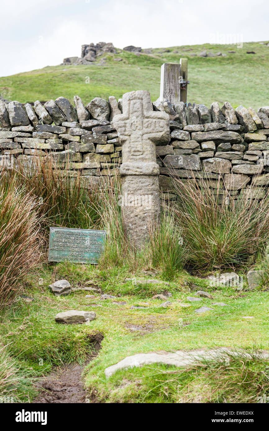 Edale Cross, protected as a national ancient monument. Derbyshire, Peak District, England, UK. Stock Photo