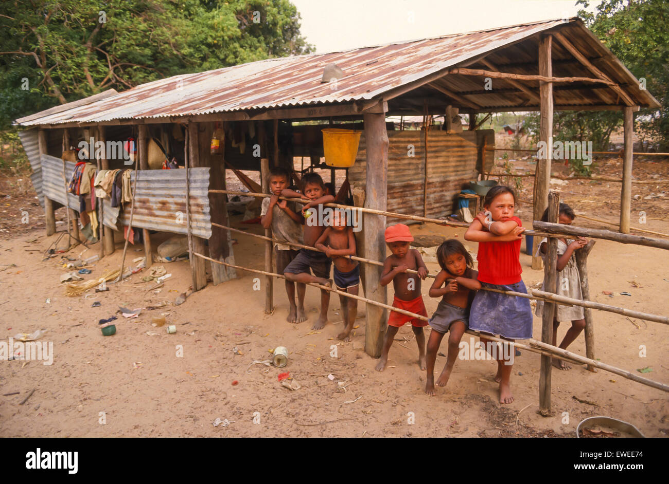 APURE STATE, VENEZUELA - Pume children at their home, at Piedra Azul settlement in Venezuelan llanos, plains. Indigenous Pume people, formerly known as Yaruro people. Stock Photo