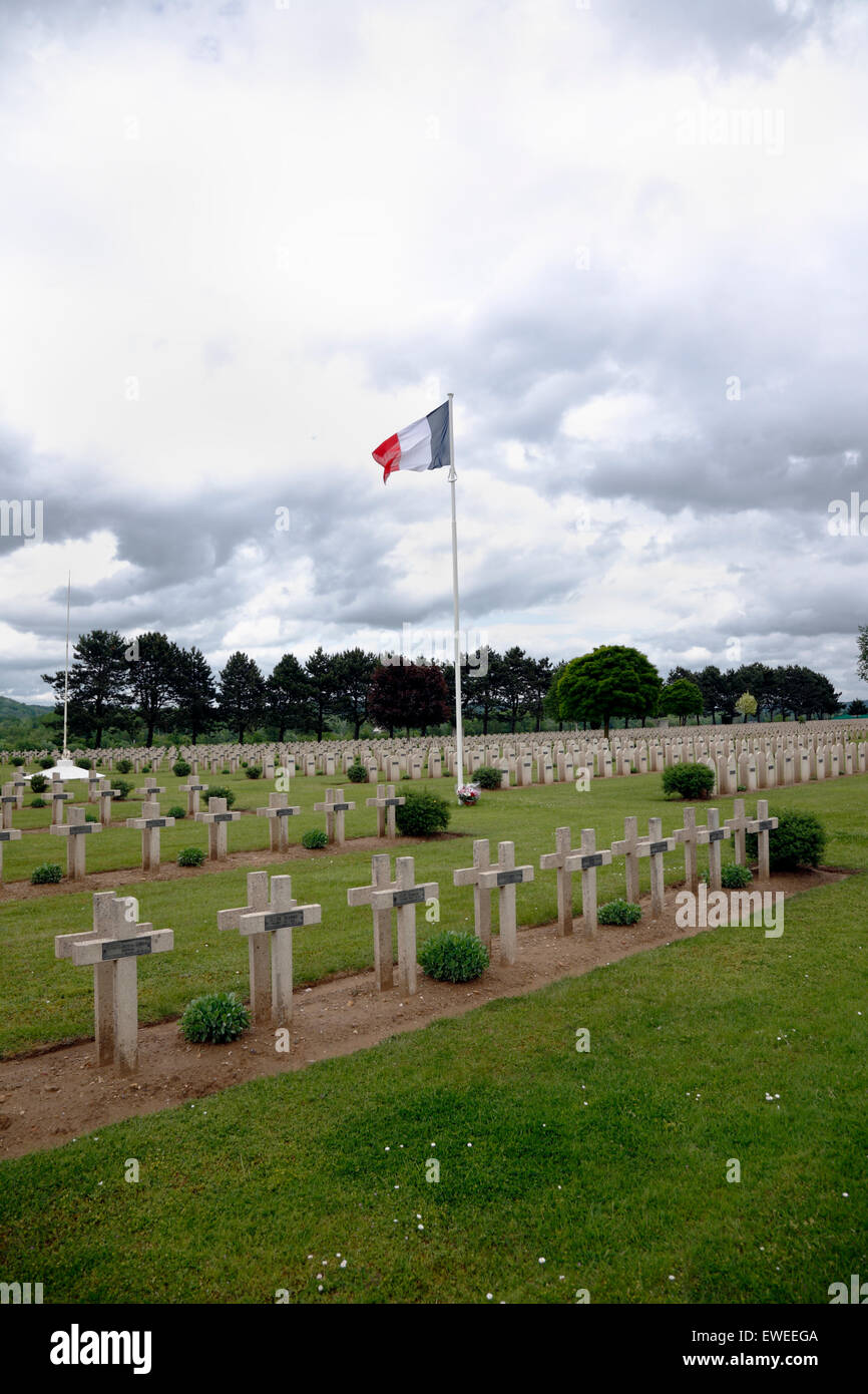 French 1st World War graves at French Military Cemetery Ambleny in Departement of the Aisne, also known as the Bois Roger. Stock Photo