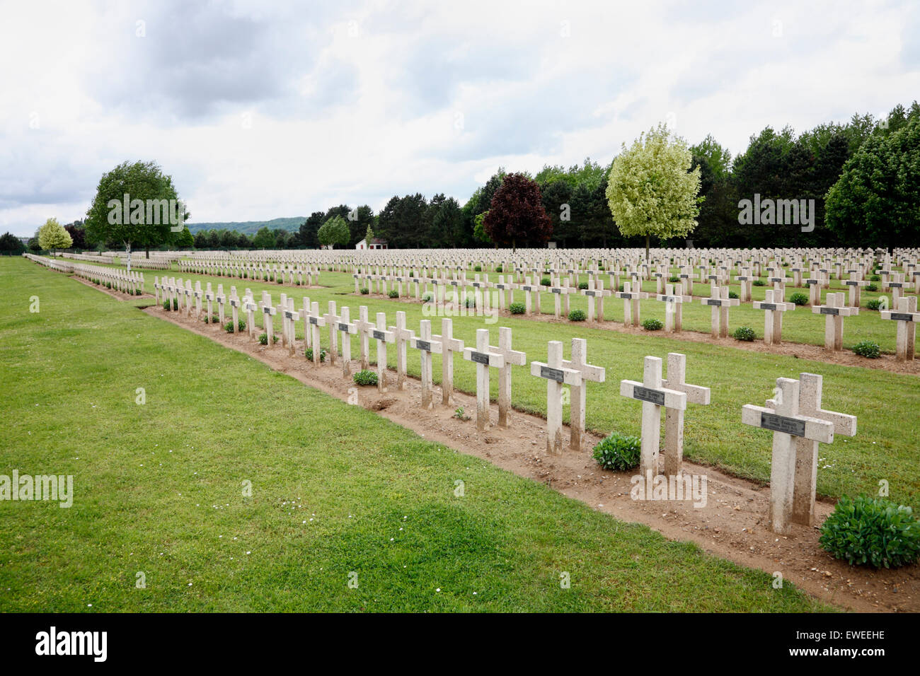 French 1st World War graves at French Military Cemetery Ambleny in Departement of the Aisne, also known as the Bois Roger. Stock Photo