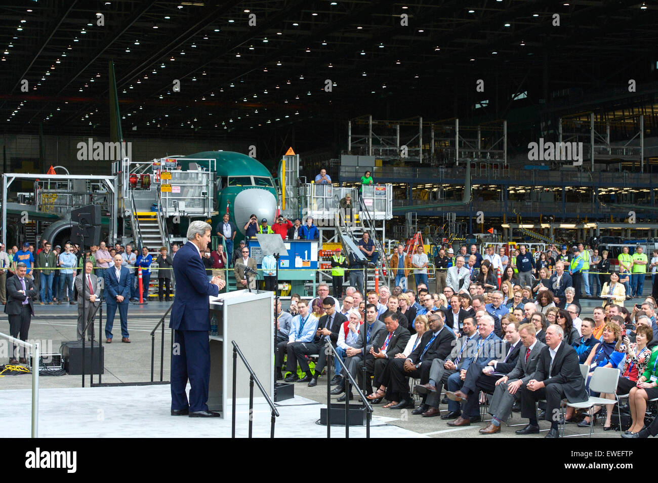 U.S. Secretary of State John Kerry delivers a speech focused on U.S. and Pacific regional trade policy at the Boeing Co.'s 737 Airplane Factory in Renton, Washington, on May 19, 2015. Stock Photo