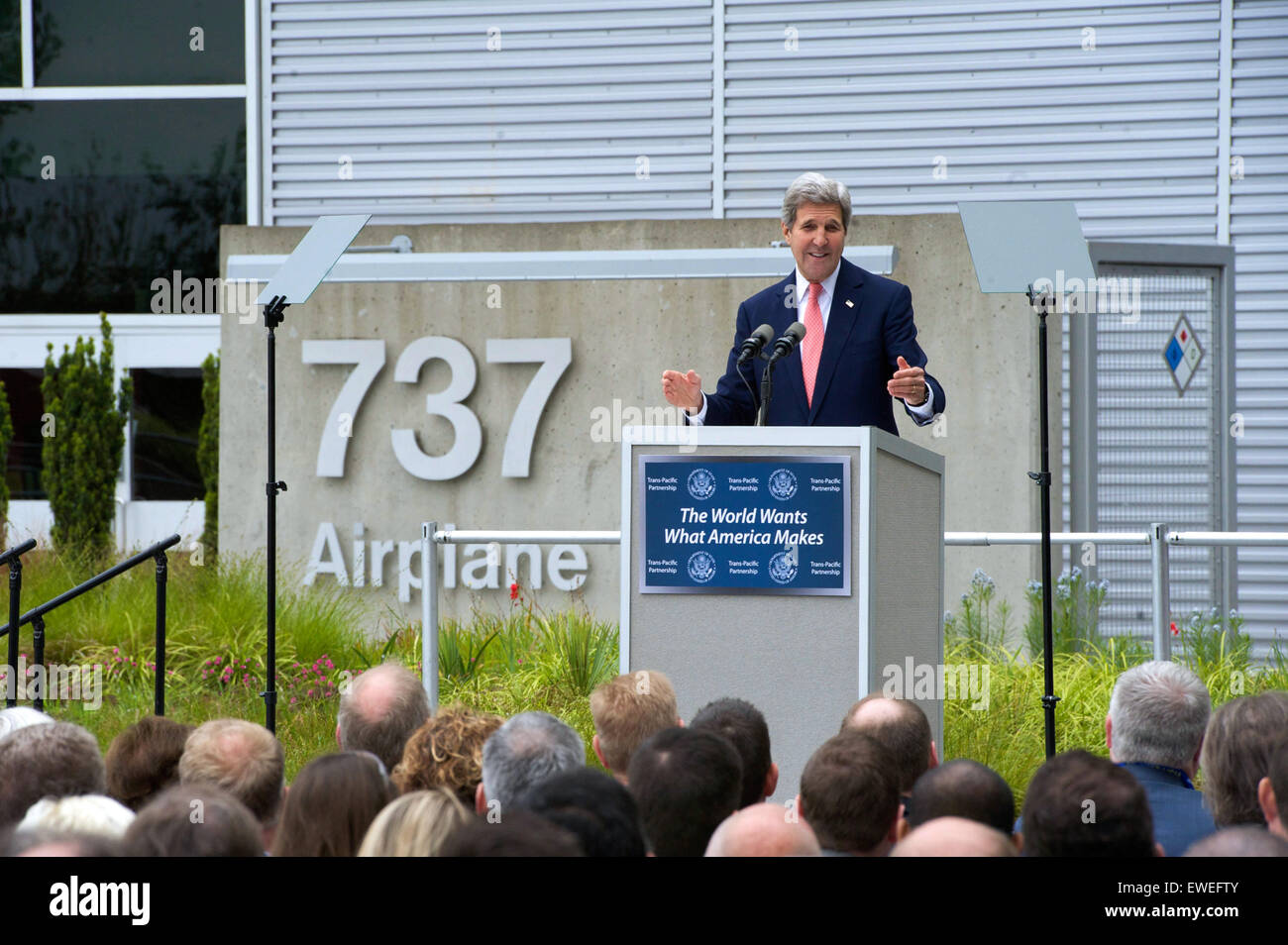 U.S. Secretary of State John Kerry delivers a speech focused on U.S. and Pacific regional trade policy at the Boeing Co.'s 737 Airplane Factory in Renton, Washington, on May 19, 2015. Stock Photo