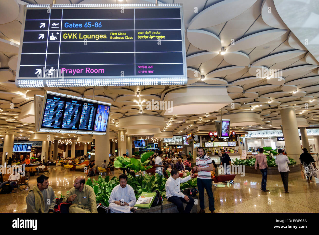 Mumbai India,Chhatrapati Shivaji International Airport,terminal,gate,interior inside,sign,information,Hindi English,India150303098 Stock Photo