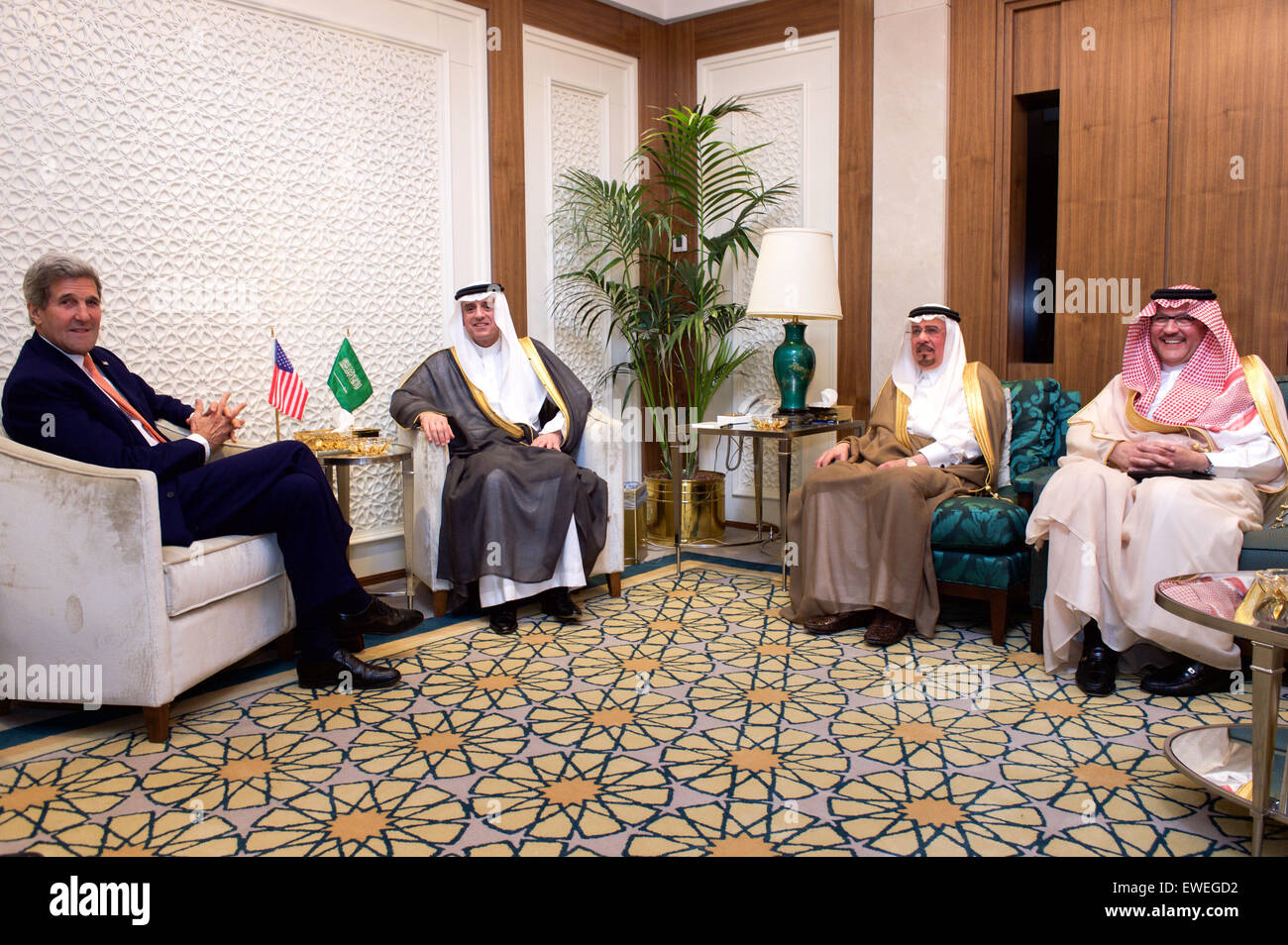 U.S. Secretary of State John Kerry sits with newly appointed Saudi Foreign Minister Adel al-Jubeir - who welcomed him as his first visitor in his new office - as well as Minister of State for Foreign Affairs Dr. Nizar bin Obeid Madani and MFA Spokesperson Ambassador Usama Nuquali, before a bilateral meeting on May 7, 2015, at the Saudi Ministry of Foreign Affairs in Riyadh, Saudi Arabia. Stock Photo