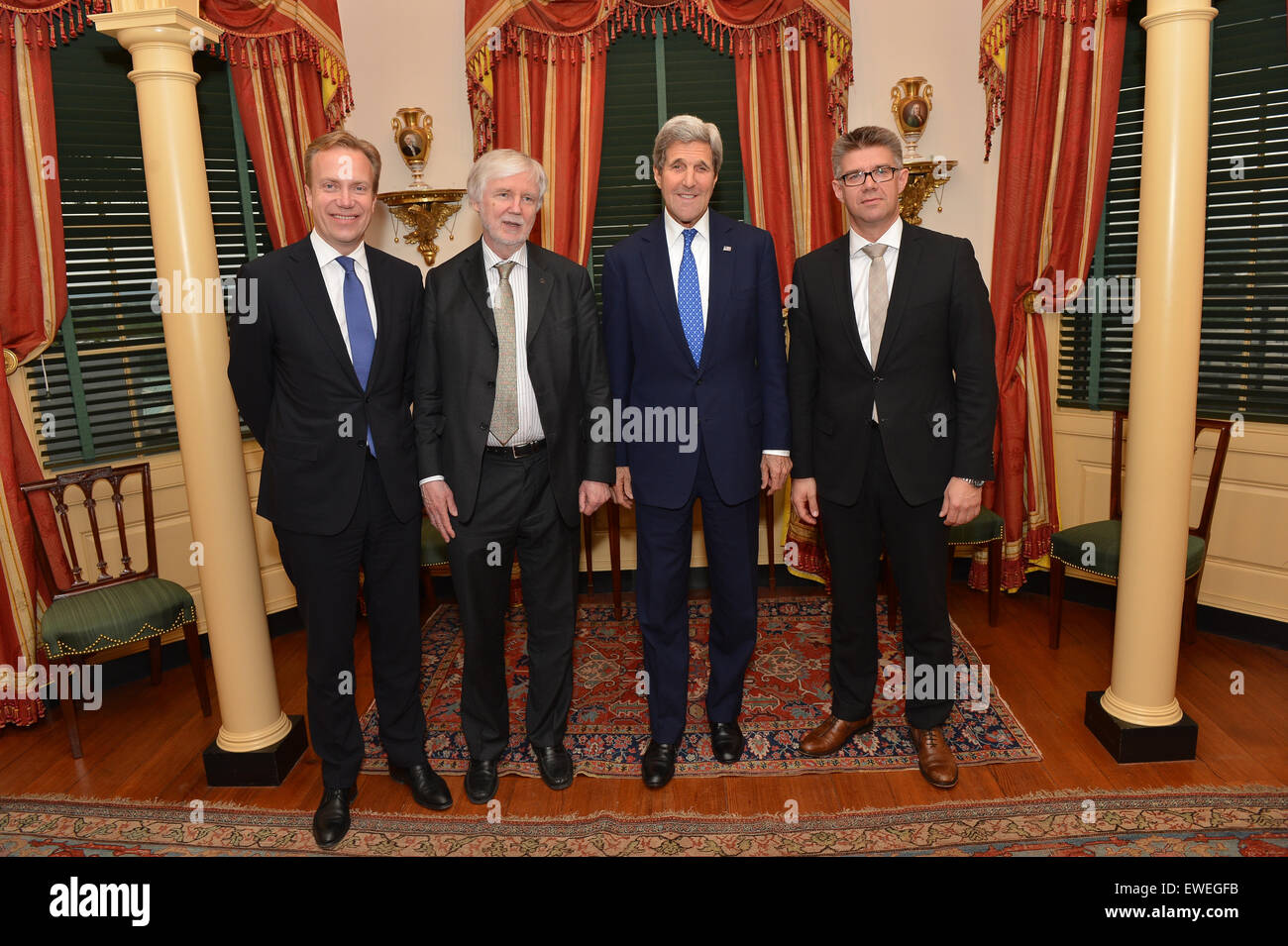 U.S. Secretary of State John Kerry poses for a photo with Norwegian Foreign Minister Borge Brende, Finnish Foreign Minister Erkki Tuomioja, and Icelandic Foreign Minister Gunnar Bragi Sveinsson before the U.S. Chairmanship of the Arctic Council reception at the U.S. Department of State in Washington, DC on May 21, 2015. Stock Photo