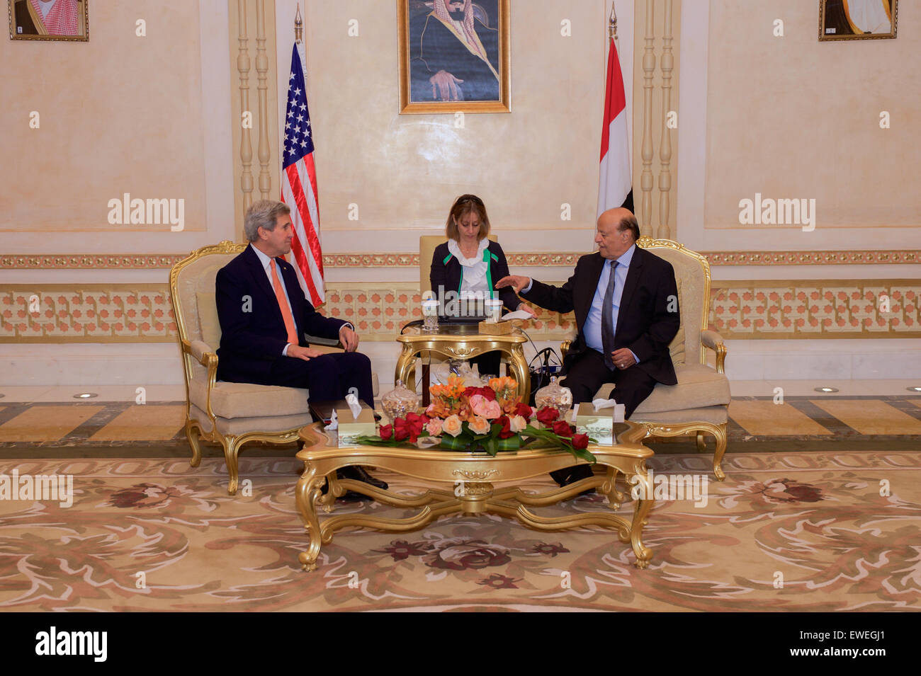 U.S. Secretary of State John Kerry sits with Yemeni President Abd Rabbuh Mansur Hadi before the two held a bilateral meeting in Riyadh, Saudi Arabia, on May 7, 2015. Stock Photo