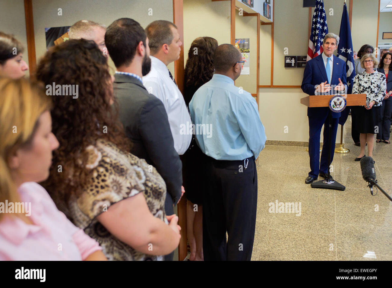 U.S. Secretary of State John Kerry, watched by Acting Assistant Secretary of State for Consular Affairs Michele Bond, thanks Consular officials who helped Yemeni-Americans who had to flee from Yemen during an event at the U.S. Embassy in Djibouti, Djibouti, on May 6, 2015, after the Secretary visited a local mosque, met with President Ismail Omar Guelleh and the Foreign Minister, and before a visit with U.S. forces at Camp Lemonnier. Stock Photo