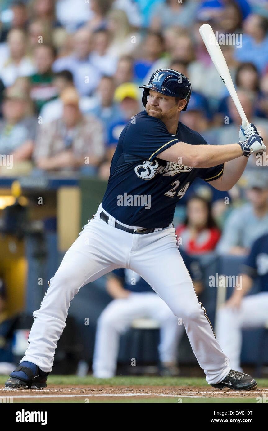 Milwaukee, WI, USA. 23rd June, 2015. Milwaukee Brewers first baseman Adam  Lind #24 up to bat in the Major League Baseball game between the Milwaukee  Brewers and the New York Mets at