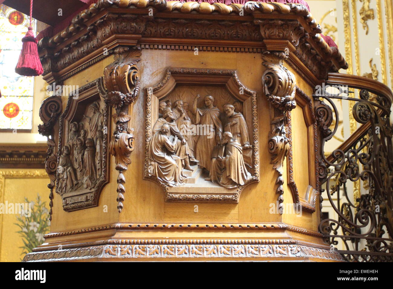 Picturesque pulpit in the church interior of Witley Church Worcestershire England Stock Photo