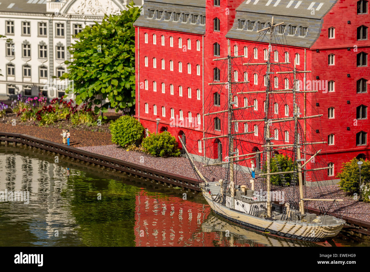 The harbor side of Amsterdam  in Norway made from lego bricks, Legoland, Denmark Stock Photo