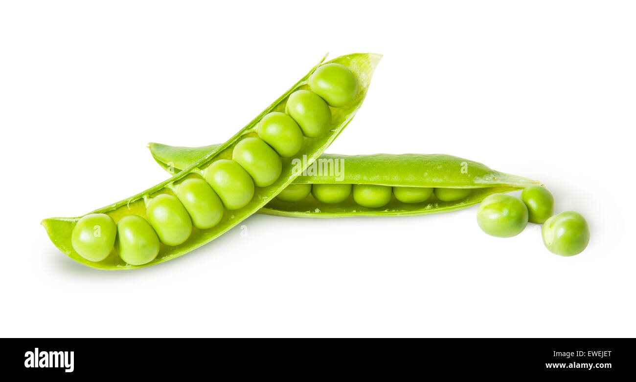 Two young disclosed pod of green peas isolated on white background Stock Photo
