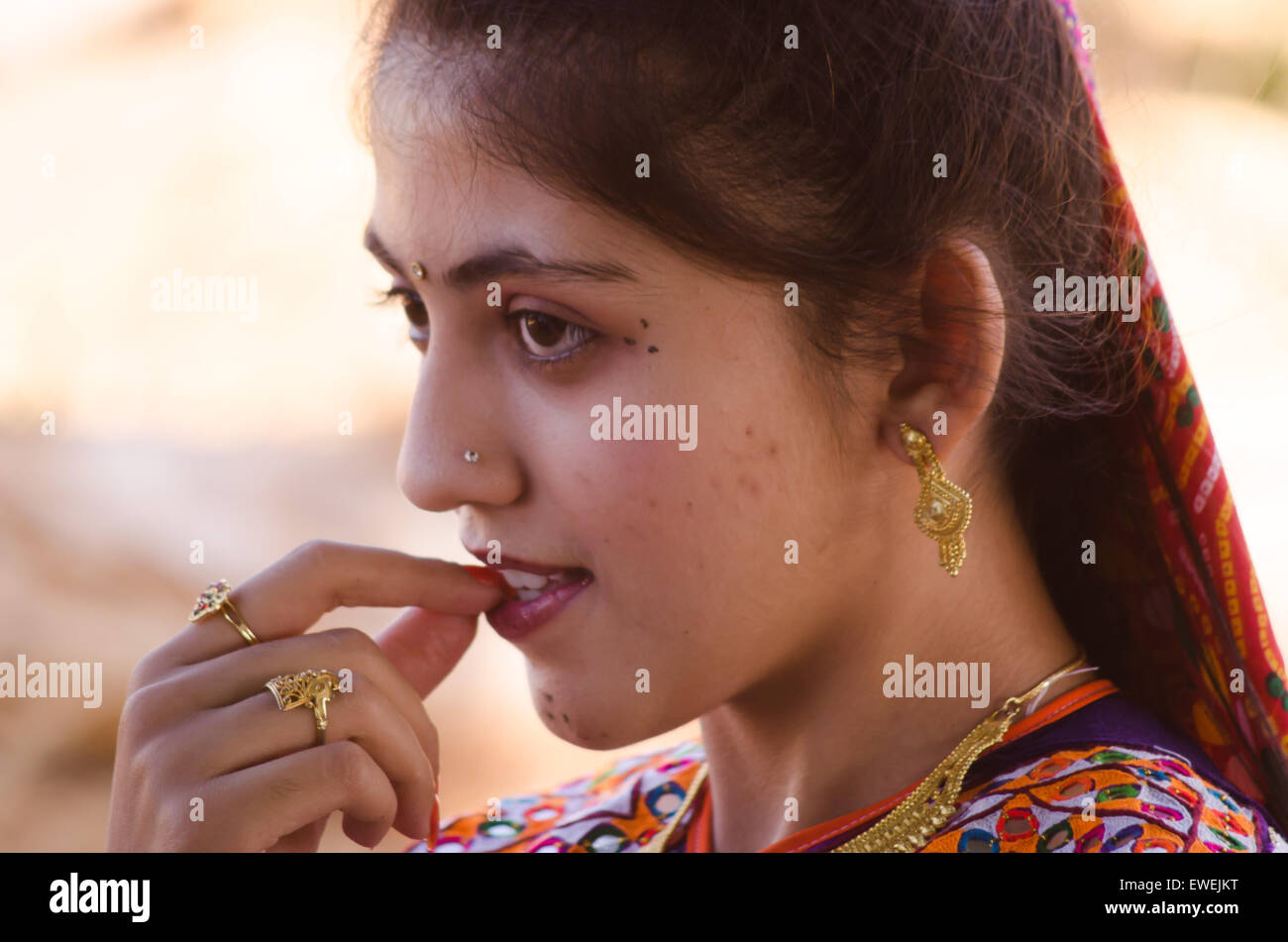 Close up of beautiful, Gujarati kutchi young village girl Stock Photo