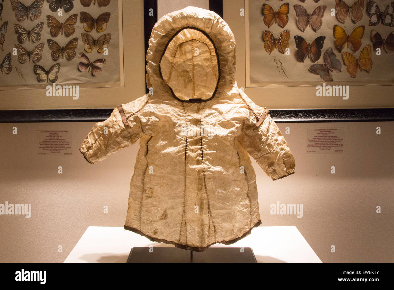 An Eskimo Child's Parka Jacket, East of West Arctic made from Sea Mammal Gut. Stand of Peter Petrou, London. Press preview of the Masterpiece 2015 fine art fair in the grounds of the Royal Hospital Chelsea. The fair is open to the public from 25 June to 1 July 2015. Stock Photo