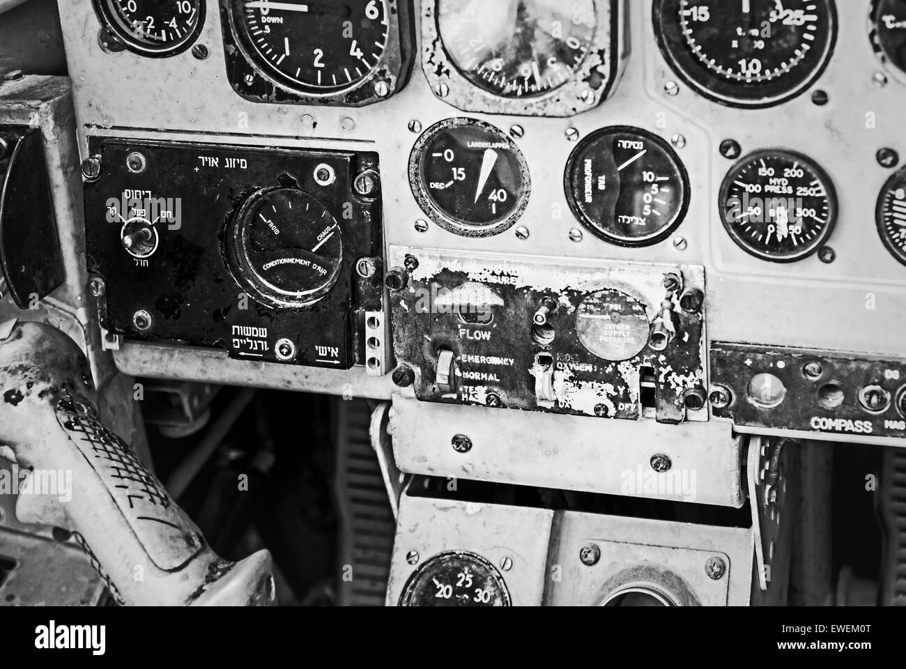 Old device in the pilot cockpit black and white photo Stock Photo