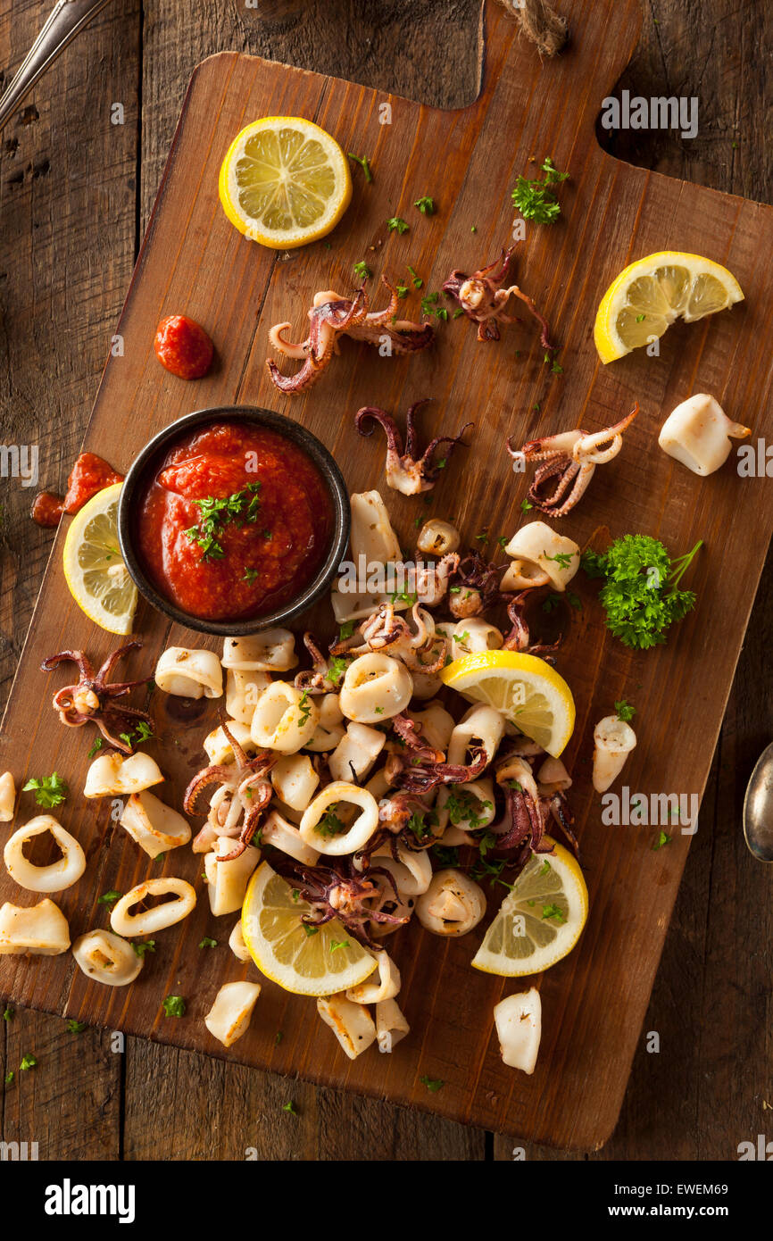Homemade Fresh Grilled Calamari with Lemon and Sauce Stock Photo