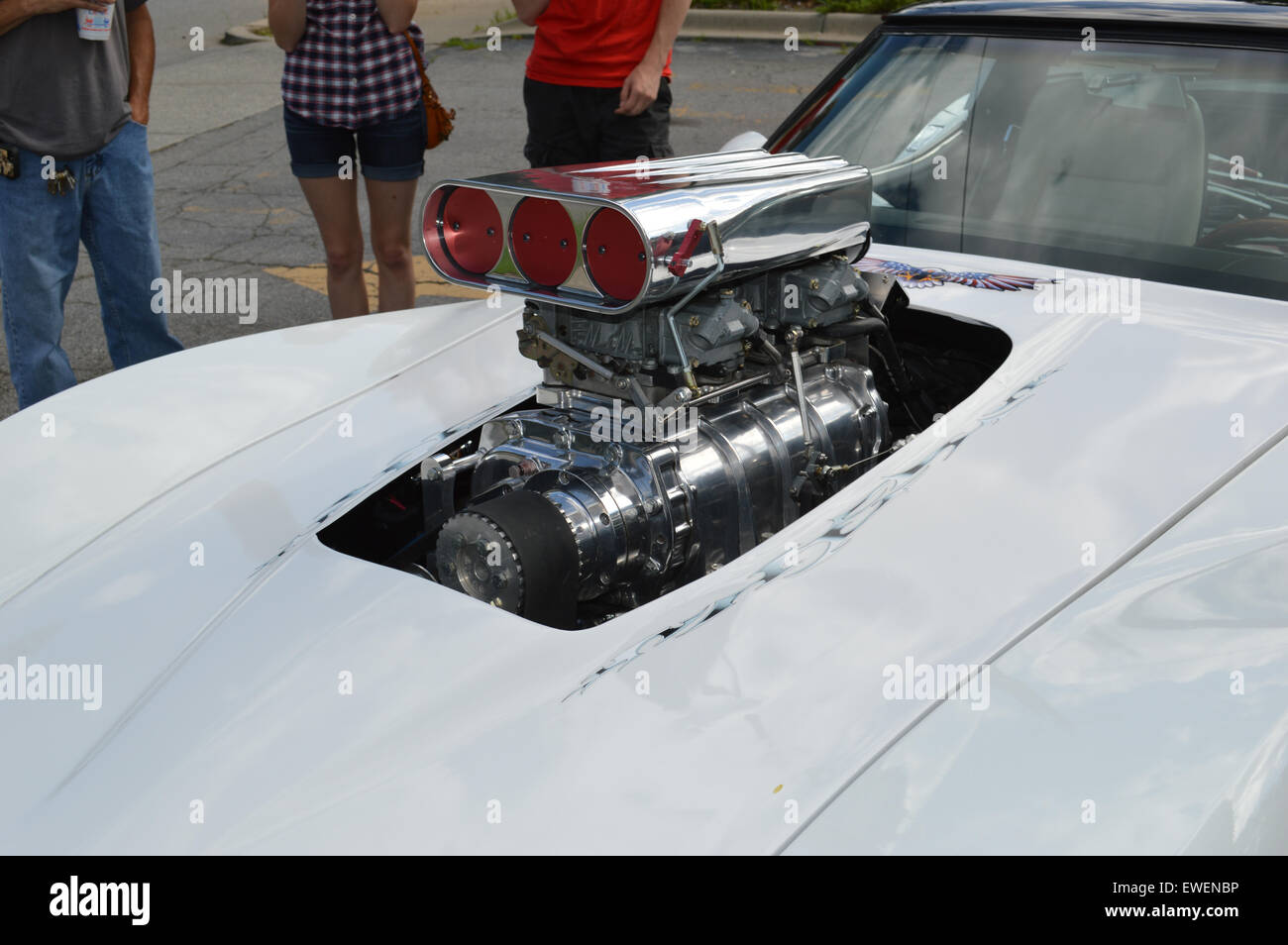 A Supercharged Engine in a vintage Corvette. Stock Photo