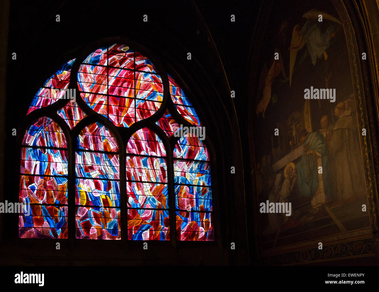 One of a series of stain glass windows in Saint-Severin designed  by Jean Rene Bazaine. Stock Photo