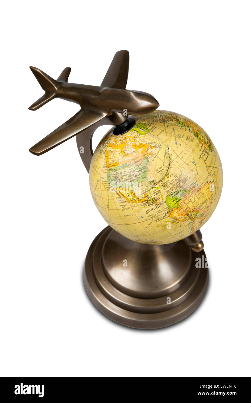 World globe with airplane isolated over white clipping path included. Stock Photo