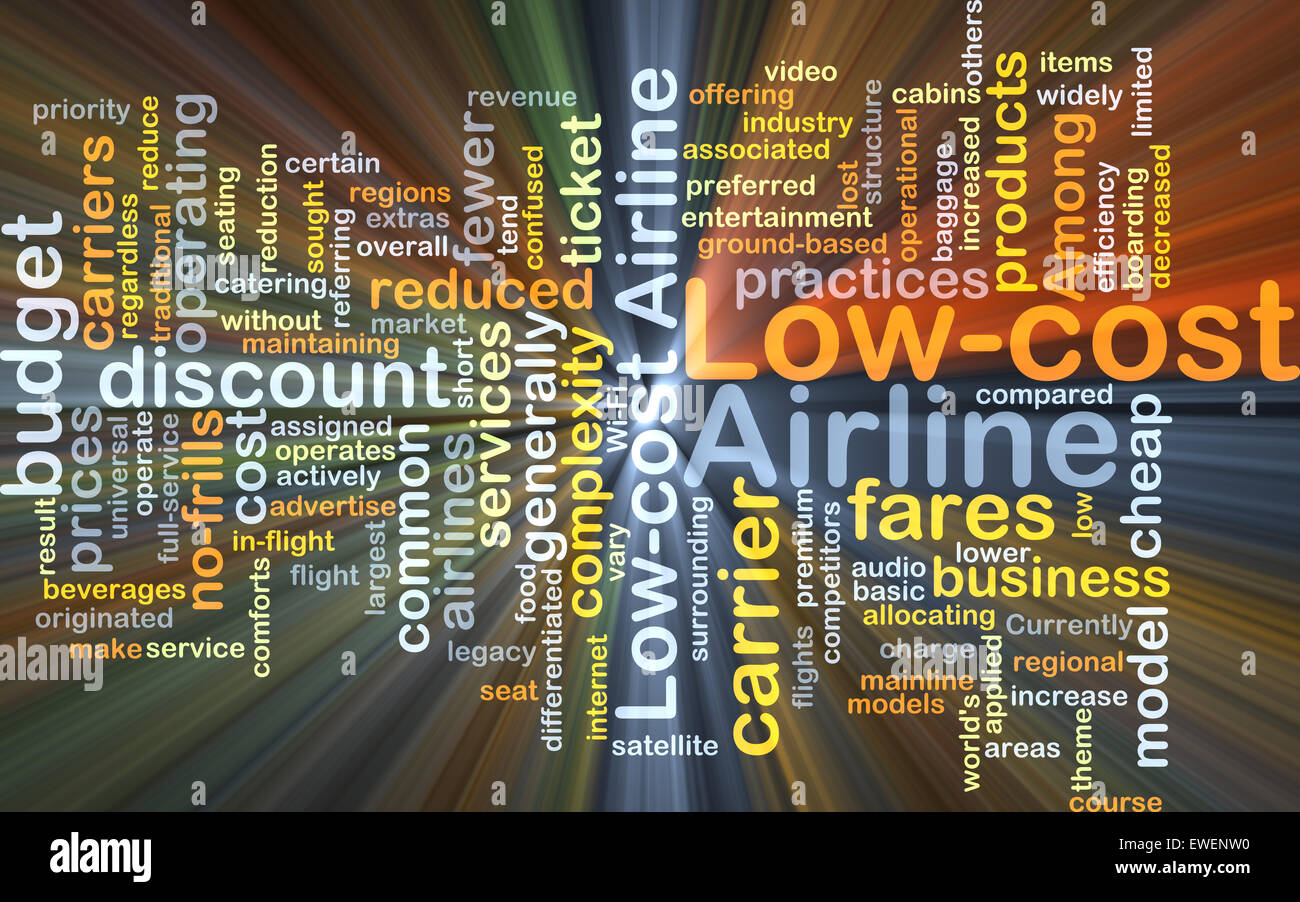 Background concept wordcloud illustration of low-cost airline glowing light Stock Photo